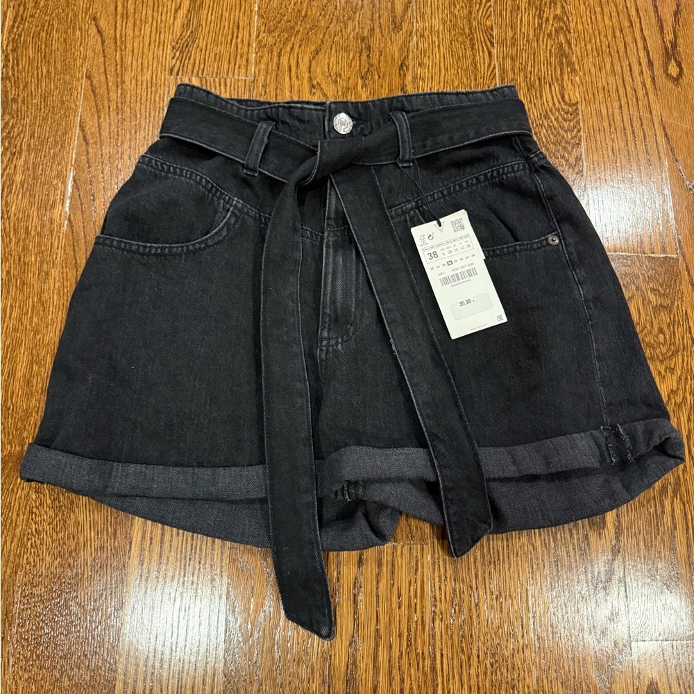 NWT Zara Black Denim Paper Bag High Waisted Women's Shorts with Belt